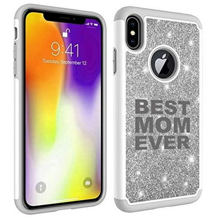 Glitter Bling Sparkle Shockproof Protective Hard Soft Case Cover for Apple iPhone Best Mom Ever (Silver, for Apple iPhone