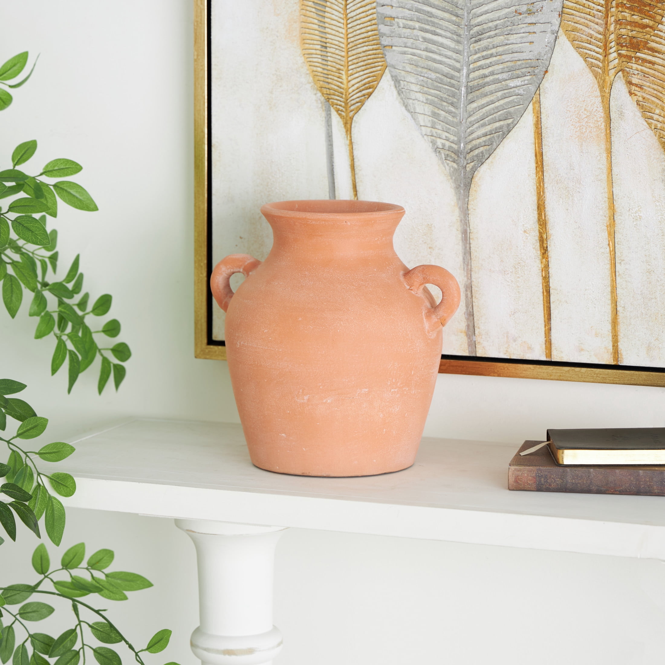 DecMode 11" Washed Terracotta Jug Pink Ceramic Vase with Handles