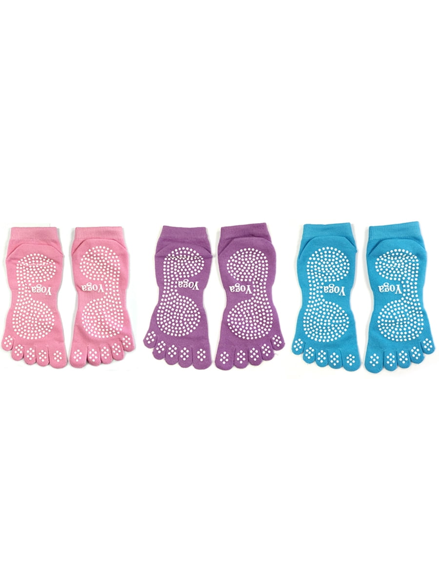 Wrapables® Full Five Toe Non-Slip Yoga Pilates Socks with Grips Set of 3,  Pink/Purple/Blue 