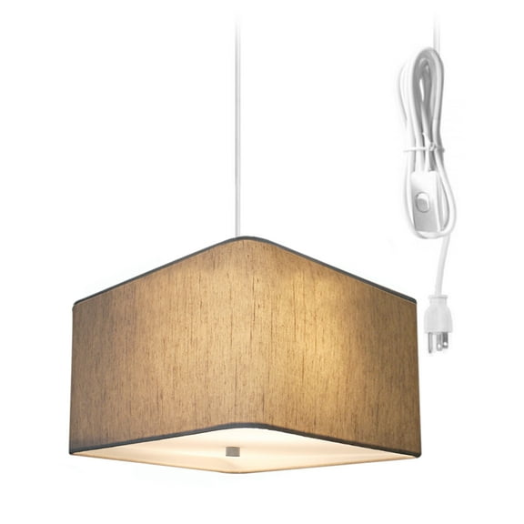 2 Light Swag Plug-In Pendant 16"w Rounded Corner Square Oatmeal Drum Shade with Diffuser, White Cord