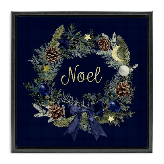 Stupell Industries Noel Holiday Wreath Holiday Painting Black Floater Framed Canvas Art Prints Wall Art, 18 x 18