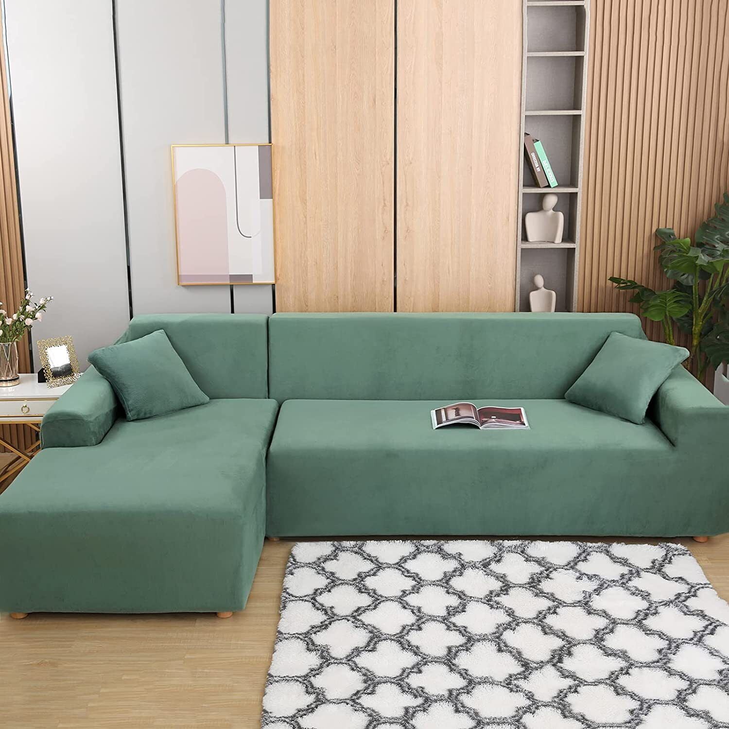 JIAN YA NA Sectional Sofa Slipcovers L Shape Couch Cover,2Pcs Thick Velvet Stretch Anti-Slip Couch Covers for 3 + 3 Seaters Chaise, Furniture Protector Slip Cover for Living Room Dogs Pets Kids (Cyan)