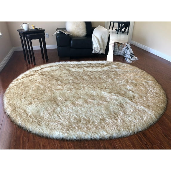 Soho Luxurious Faux Sheepskin Oval Shape White with Brown Tips Shag Area Rug