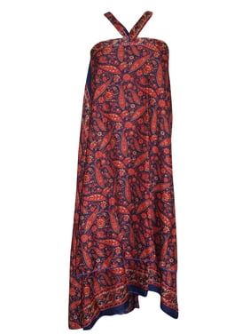 Mogul  Womens Wrap Around Skirt Blue Paisley Silk Sari Reversible Printed  Beach Cover Up Dress