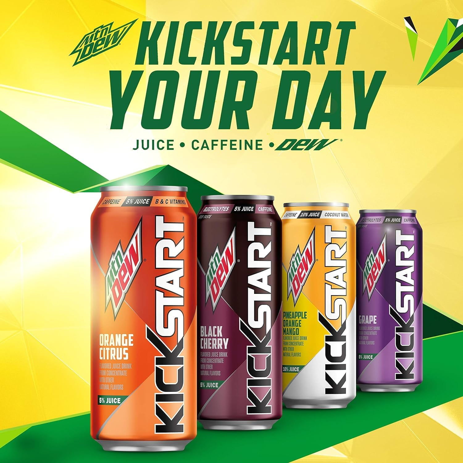 Mountain Dew Kickstart Sparkling Juice Beverage Energizing Black Cherry, 12 pack, 16 fl oz cans