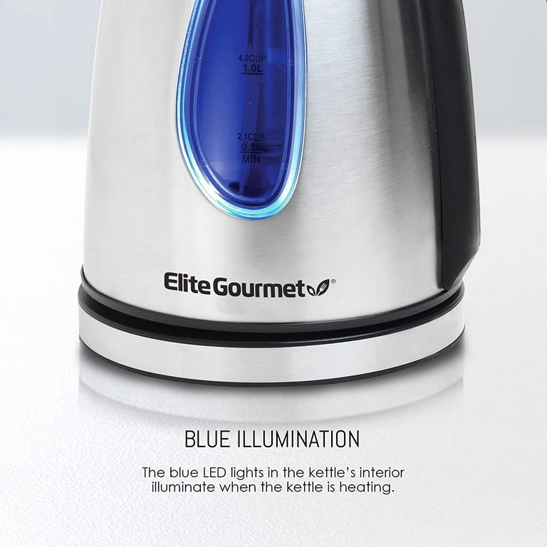 Elite Gourmet EKT1001 Electric BPA-Free Glass Kettle, Cordless 360° Base,  1L