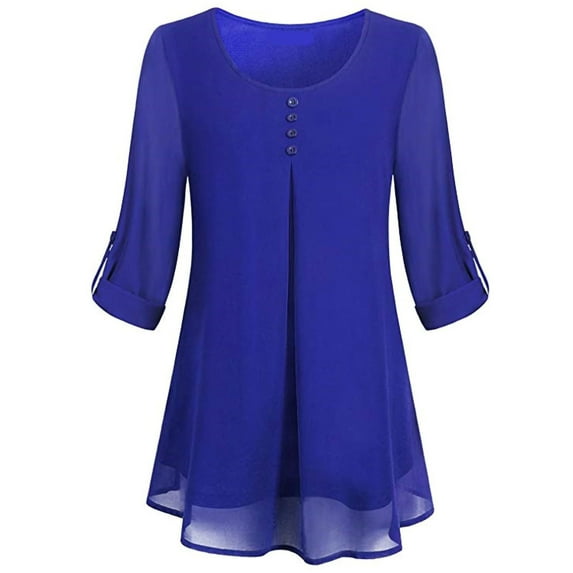 Women Chiffon Shirts Workwear 3/4 Cuffed Sleeve Tunic Tops Casual Office Crew Neck Plain Flowy Blouses Shirt