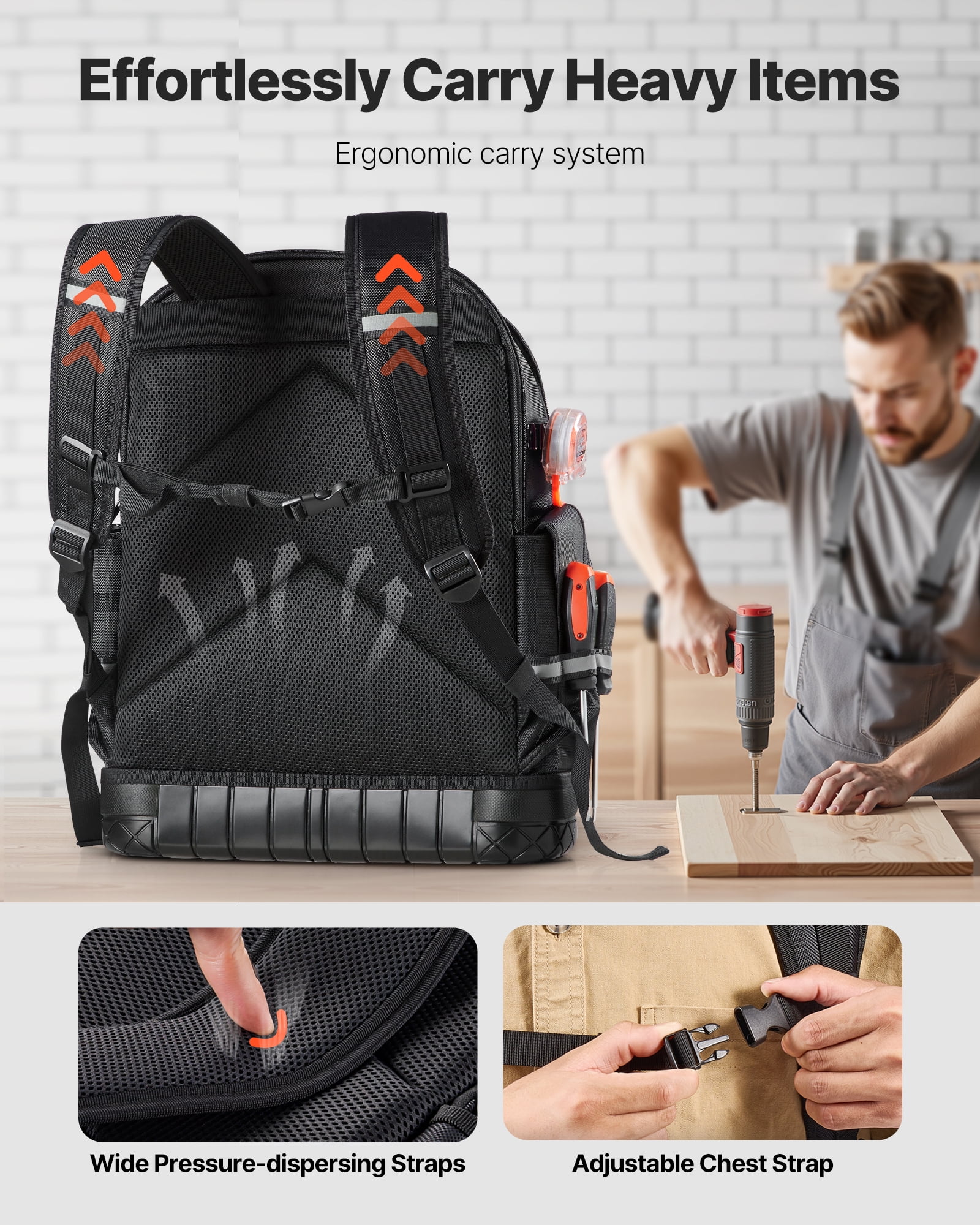 VEVOR Tool Backpack, 64 Pockets, Heavy-duty Tools Storage Organizer Work Bags with Laptop Compartment & Molded Base, Electrician Jobsite Backpack for Electrician, Repairman, and HVAC Techs