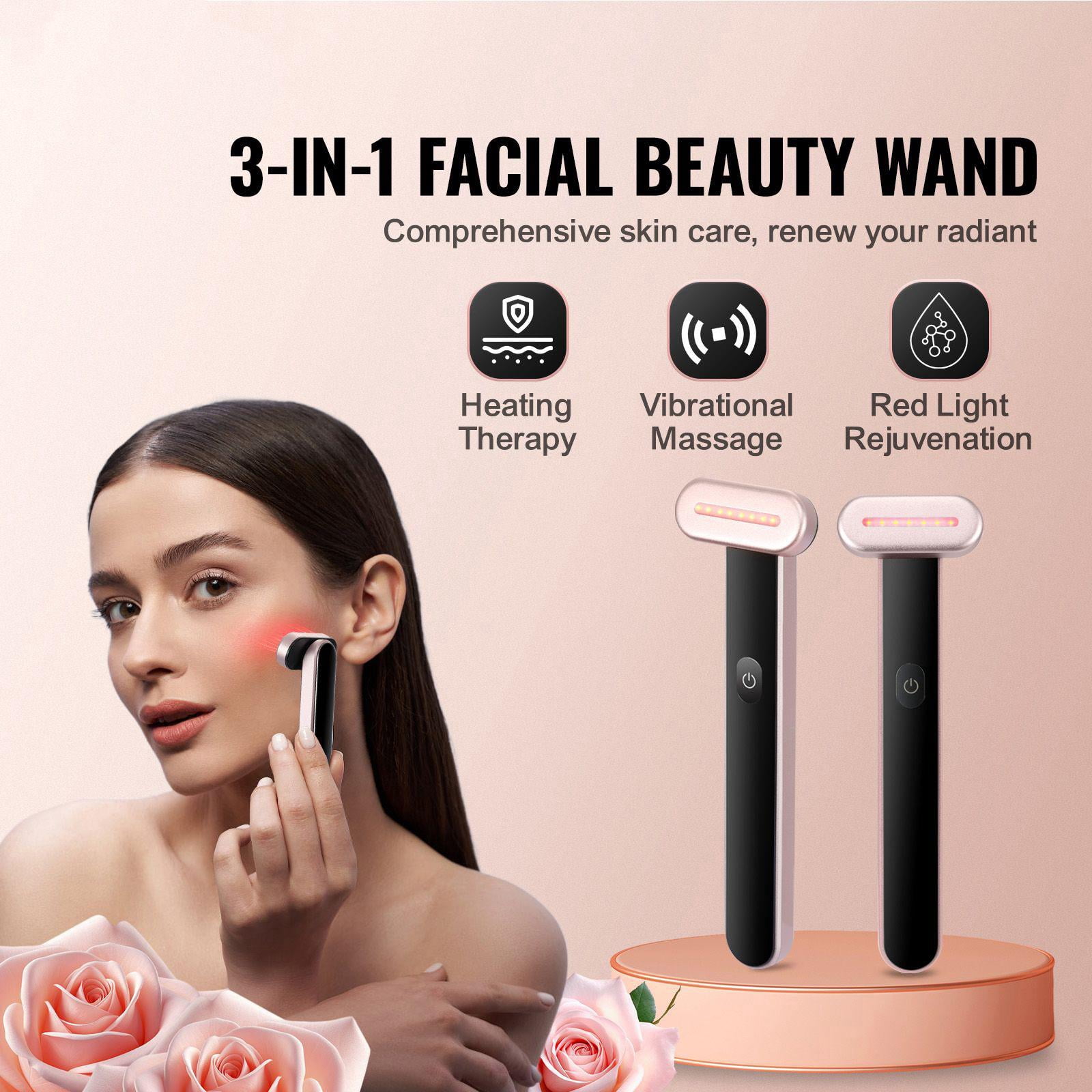 Portable 3-in-1 Red Light Therapy Wand for Face and Neck with Heating and Vibration Massage
