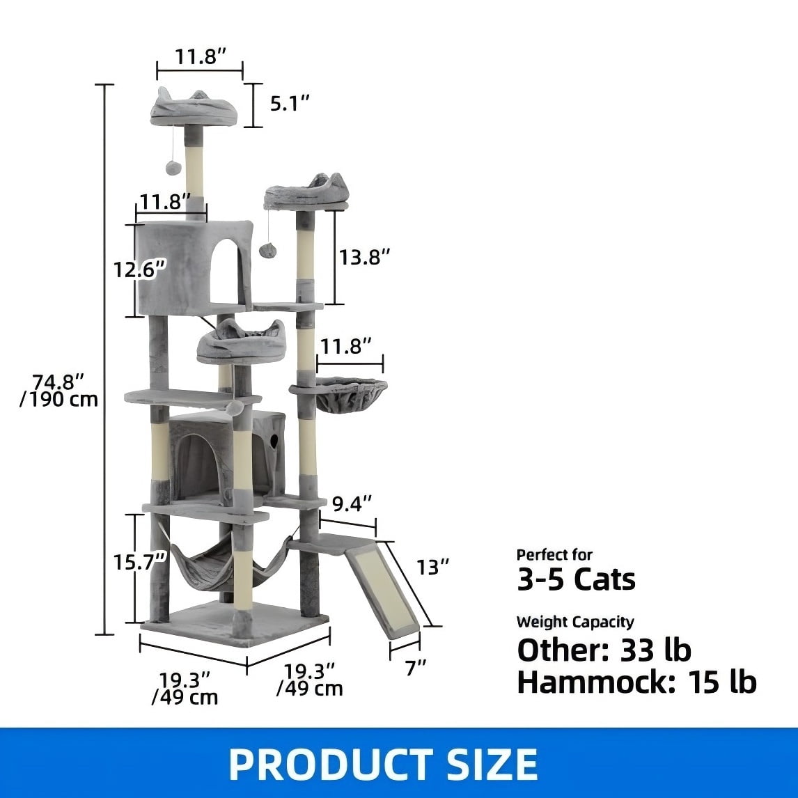 Uforic 75 Inch Multi-Level Cat Tree Tower with 2 Cat Condos, Hammocks, Sisal Scratching Posts & Fluffy Teaser Balls, Light Grey