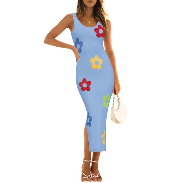 Vestido ajustado de verano ZESICA de punto floral a media pierna azul para mujer