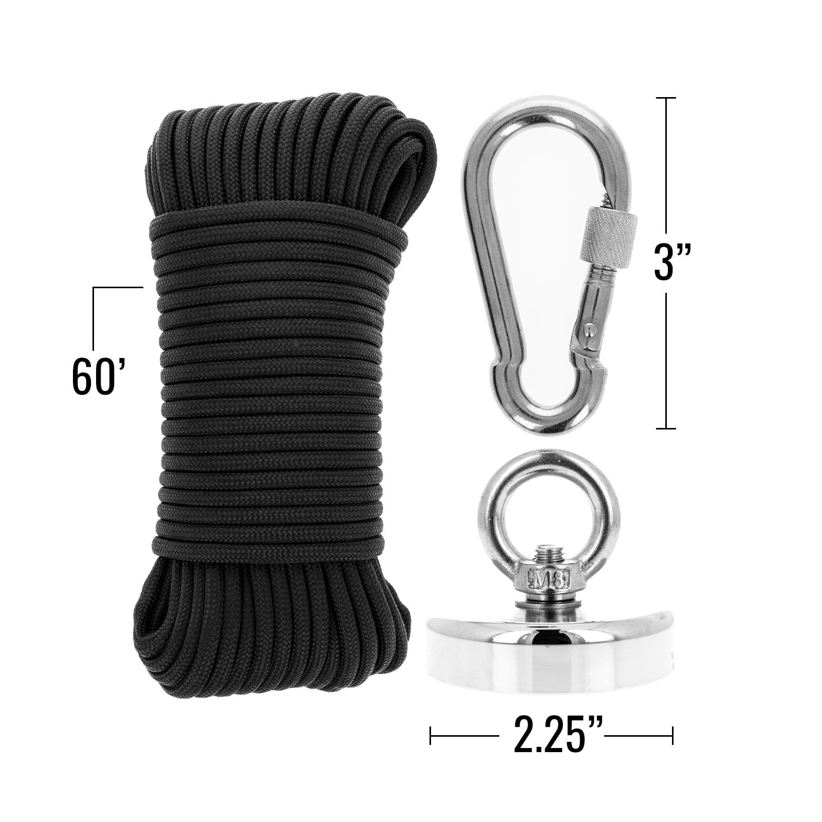ASR Outdoor 3pc 400lb Neodymium Magnet Fishing Kit with 550 Paracord Magnetic Retrieval Tool Treasure Hunting