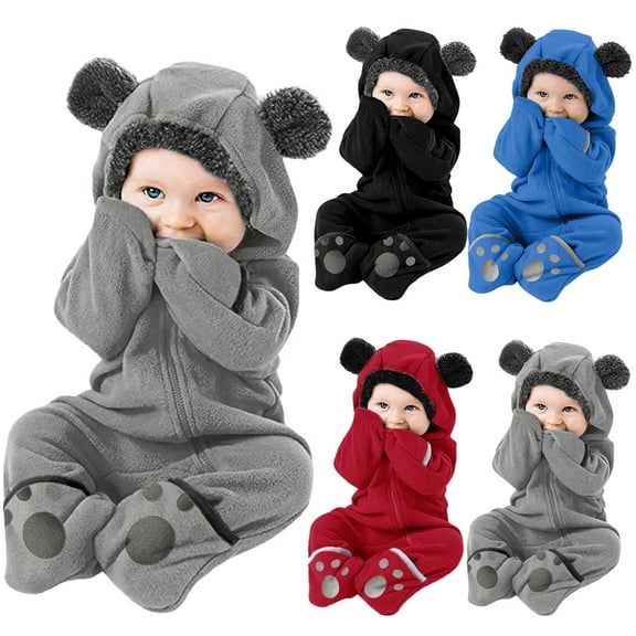 Mepaouo Baby Fleece Bodysuit Infant Hooded Romper Outerwear Toddler Onesie Jumpsuit with Bear Ear Black 18-24Month