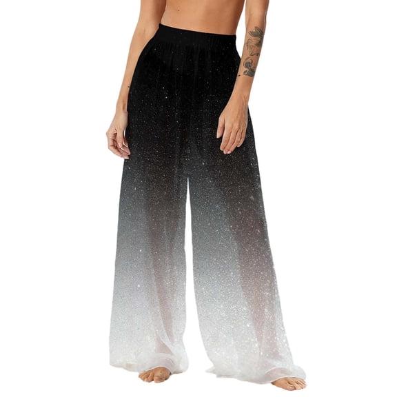 OGLCCG Women's Cover Up Boho Pants See Through Sheer Mesh Chiffon Flowy Beach Pants Gradient Color Wide Leg Long Palazzo Pant,L