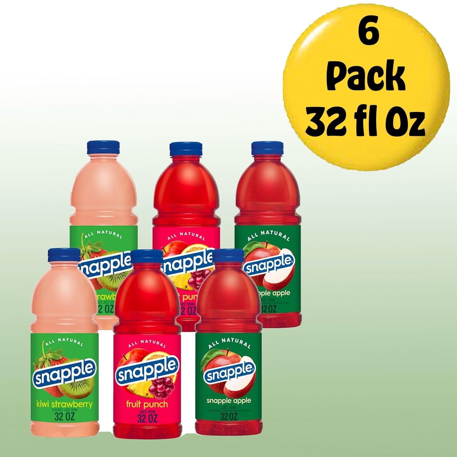 Snapple Variety Pack All Natural Fruit Juice Drink, 32 fl oz Plastic Bottles, Made with Real Fruit Flavor, 6-Pack