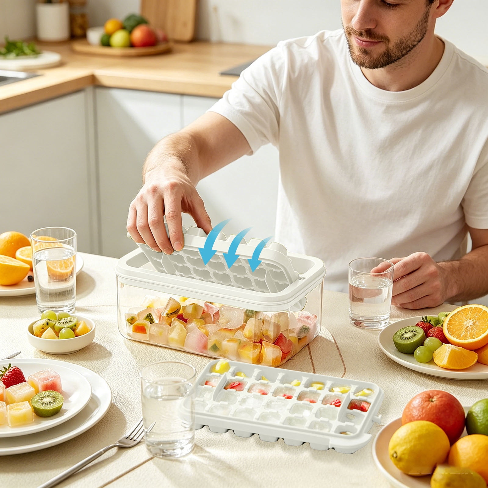 Ice Cube Tray with Lid & Bin 56 Cubes, Stackable Ice Trays for Freezer with Easy Release Silicone Bottom, for Drinks Coffee