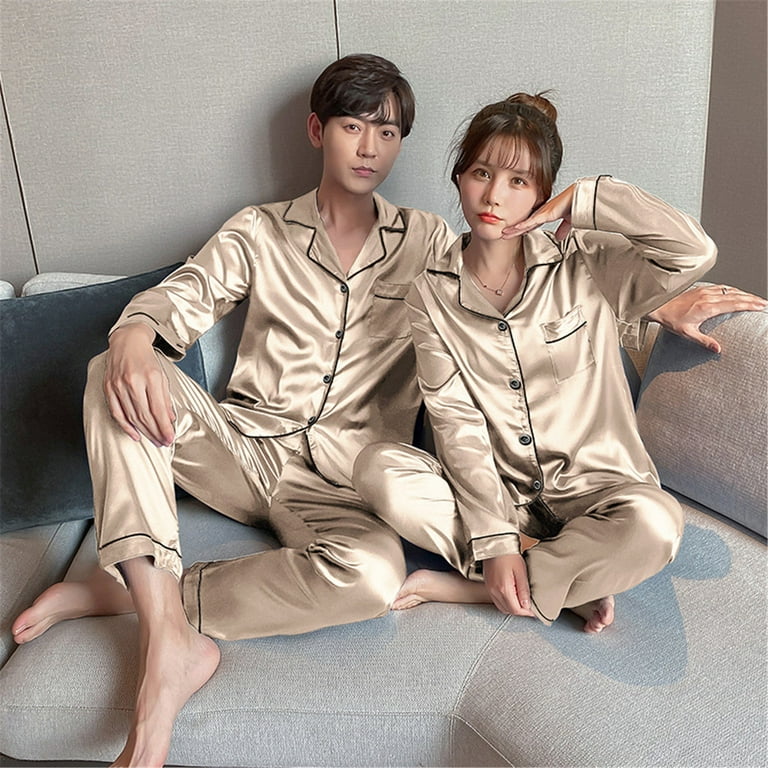 Women s Casual Pyjamas Long Silky Pajama Set Sleeve Blouse Button Silk Sleep Slip Dress Satin Two Piece Sleepwear Plus Size Pajamas Bottoms for Women Suit Pant Pyjama Walmart