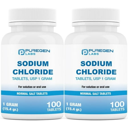 Puregen Labs Sodium Chloride 1000 mg USP - Electrolytes Replenisher Hydration Drink - 100 Tablets - 2PK