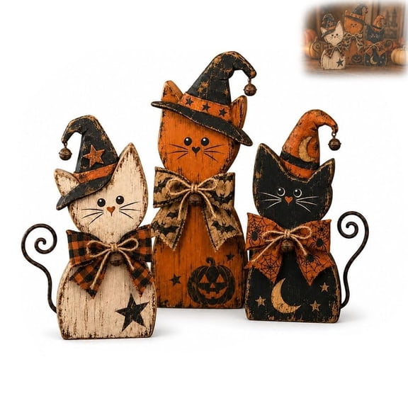 Vintage Halloween Witch Cat Decor Set, Retro Cat Ornament, Wooden Ornament Figurine, Spooky Tabletop Centerpiece Gift for Witch Lovers