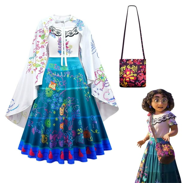 Movie Encanto Mirabel Madrigal Cosplay Costume Girl Dress Fancy Dresses for  Carnival Princess Dress with Cloak Glasses Bag 