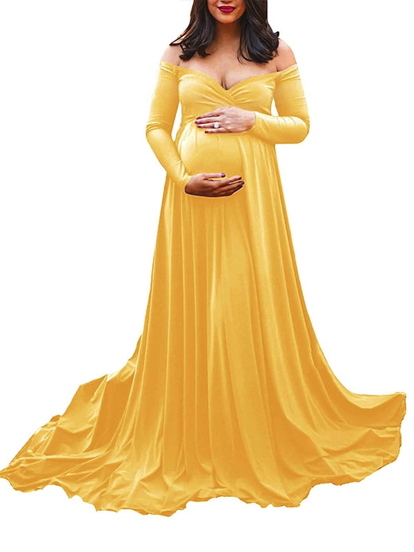 yellow off shoulder maternity dress