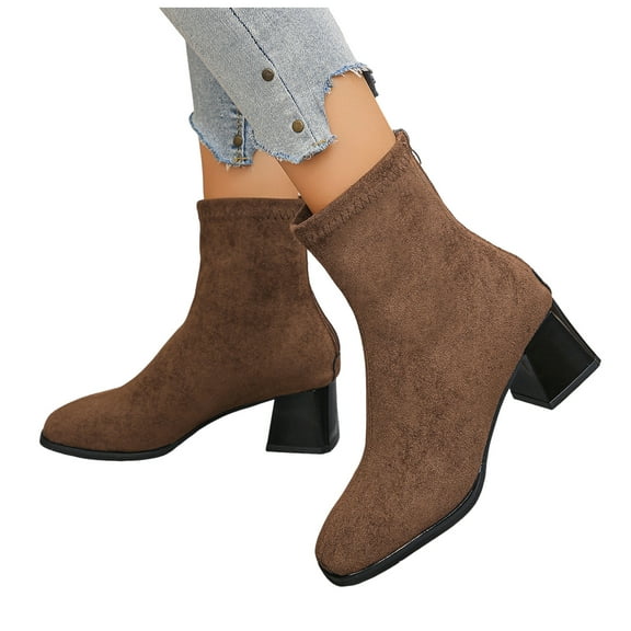 Mostsola Black Boots for Women Square Toe Chunky Heel Suede Trendy Elastic Zipper Gogo Ankle Boots