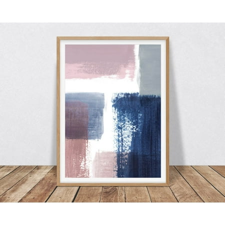 Abstract Featuring Pink And Navy Blue Brush Strokes, Abstract Art, Navy, Pink And Grey Contemporary Wall Art Home Decor #4015, Unframed Poster Size 8x12