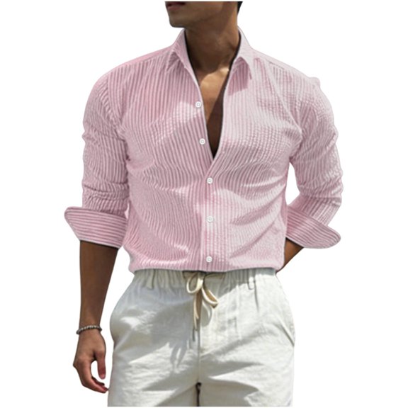 JUUYY Men's Striped Button Down Shirts Textured Long Sleeve Collared Shirt Regular Fit Lightweight Fashion Casual Office Work Tops Pink S