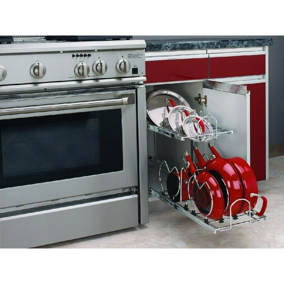 Rev-A-Shelf Adjustable 12" Pullout 2 Tier Cookware for Sink Base Cabinet Organizer, Chrome
