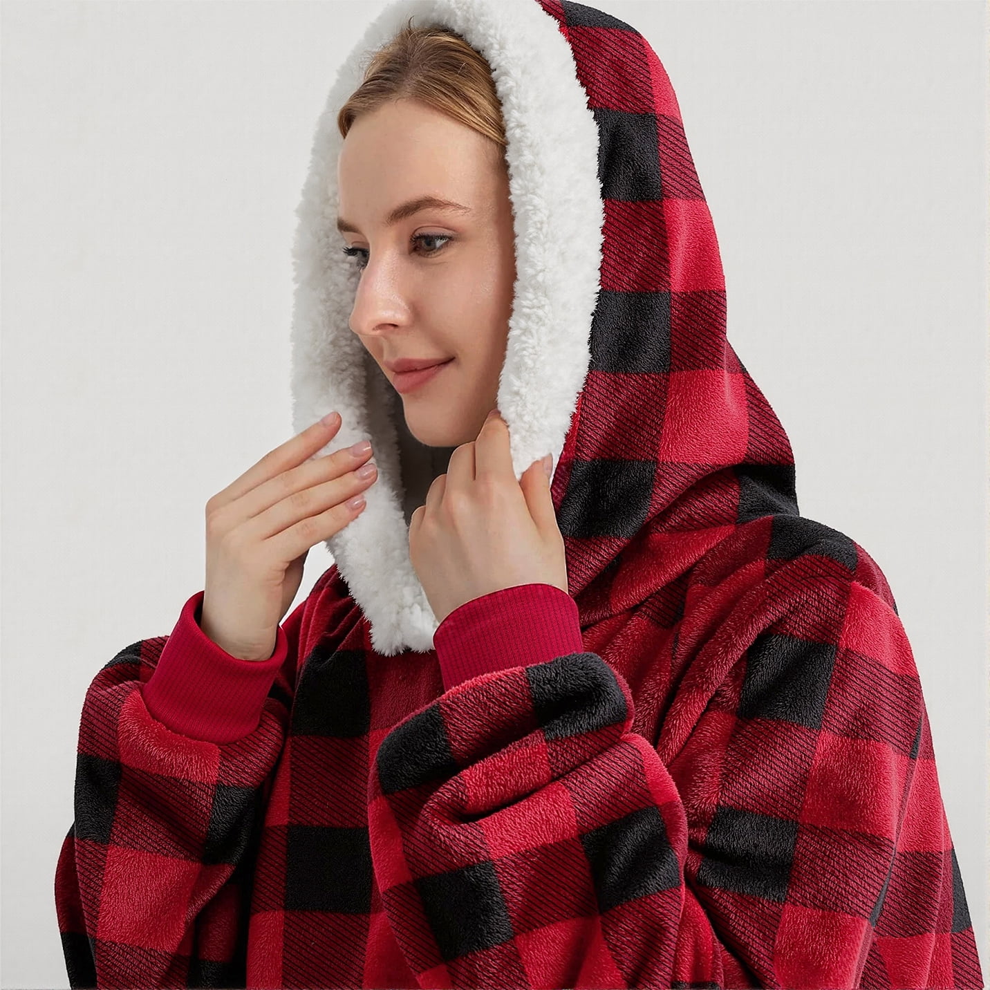 Fantaslook Oversized Wearable Blanket Hoodie, Long Flannel Sherpa Fleece Blanket Hoodie Sweatshirt for Adults Women Men, Plush Blanket with Hood, Pocket & Sleeves