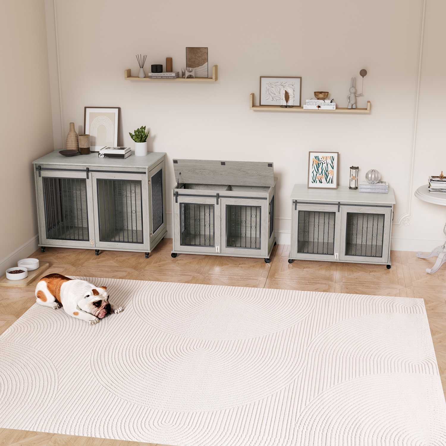 Mulinsonfly 47" Wooden Dog Crate Furniture with Sliding Barn Door, Flip-Top Lid, Lockable Wheels & Removable Divider, Indoor Dog Kennel Table for Small, Medium, Large Breeds