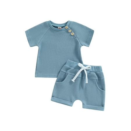

Lieserram Baby Girl Boy Summer Outfits 6 12 18 24 Months 2T 3T Short Sleeve Waffle Knit T-Shirt + Knot Front Shorts Set