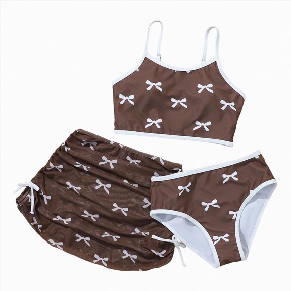 BOBOGOJP Girl's Floral Swimsuit Cute V Neck Bikini Set High Waisted Bathing Suit Sheer Mesh Cover Up Skirt Coffee for Size 5-6 Years