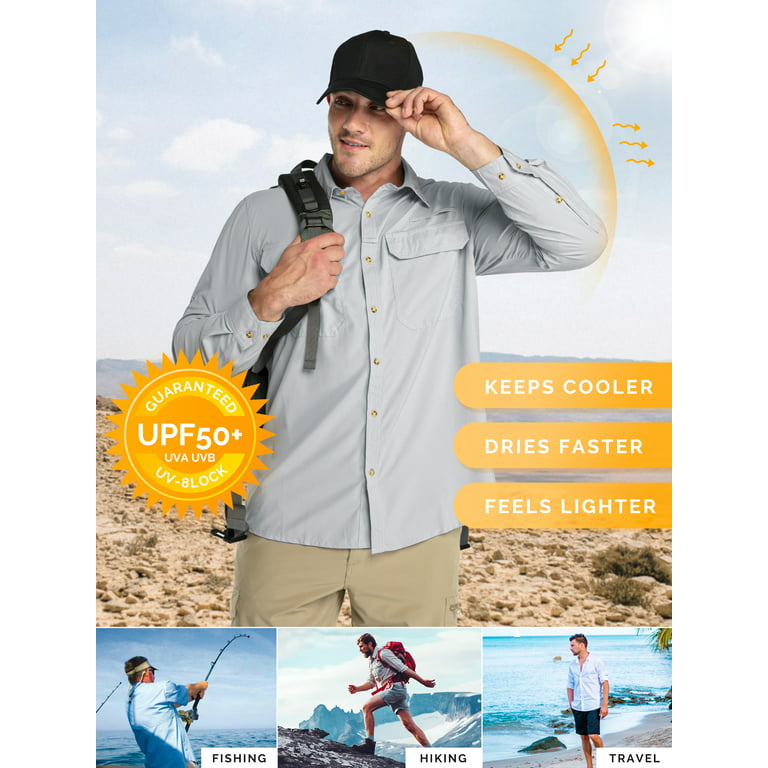 33,000ft Men's Long Sleeve Sun Protection Shirt UPF 50+ UV Quick Dry Cooling Fishing Shirts for Travel Camping Hiking Silver Grey Large