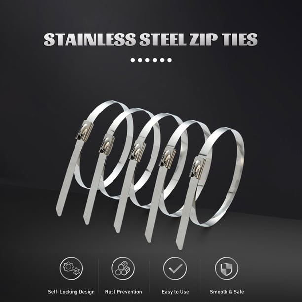 MRKTAO 100-Pack 5.9" Black Stainless Steel Zip Ties – Heavy Duty Self-Locking Metal Ties For Machinery, Pipes & Cables