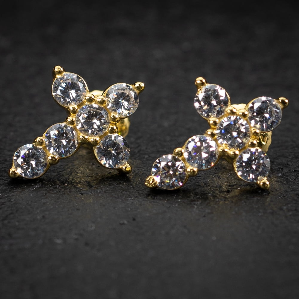 Small Solitaire Prong Set Iced 5A Cz Yellow Gold Plated 925 Sterling Silver Screw Back Post Crucifix Gothic Cross Stud Earrings