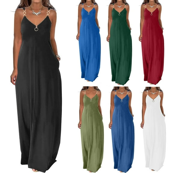 Ahuyic Printed Solid Color Plus Size Dress For Women, Summer Womens' Sleeveless Tank Long Maxi Dresses,Women's Solid Color Zipper Sleeveless V-Neck Loose Ankle-Length Dress