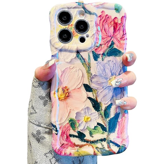 Case for iPhone 14 Pro 6.1 inch, Colorful Retro Oil Painting Flower Case Pretty Glossy Pattern Wave Case Cute Sparkly Floral Curly Cover Stylish Soft Case for Women and Girl - Purple Pink