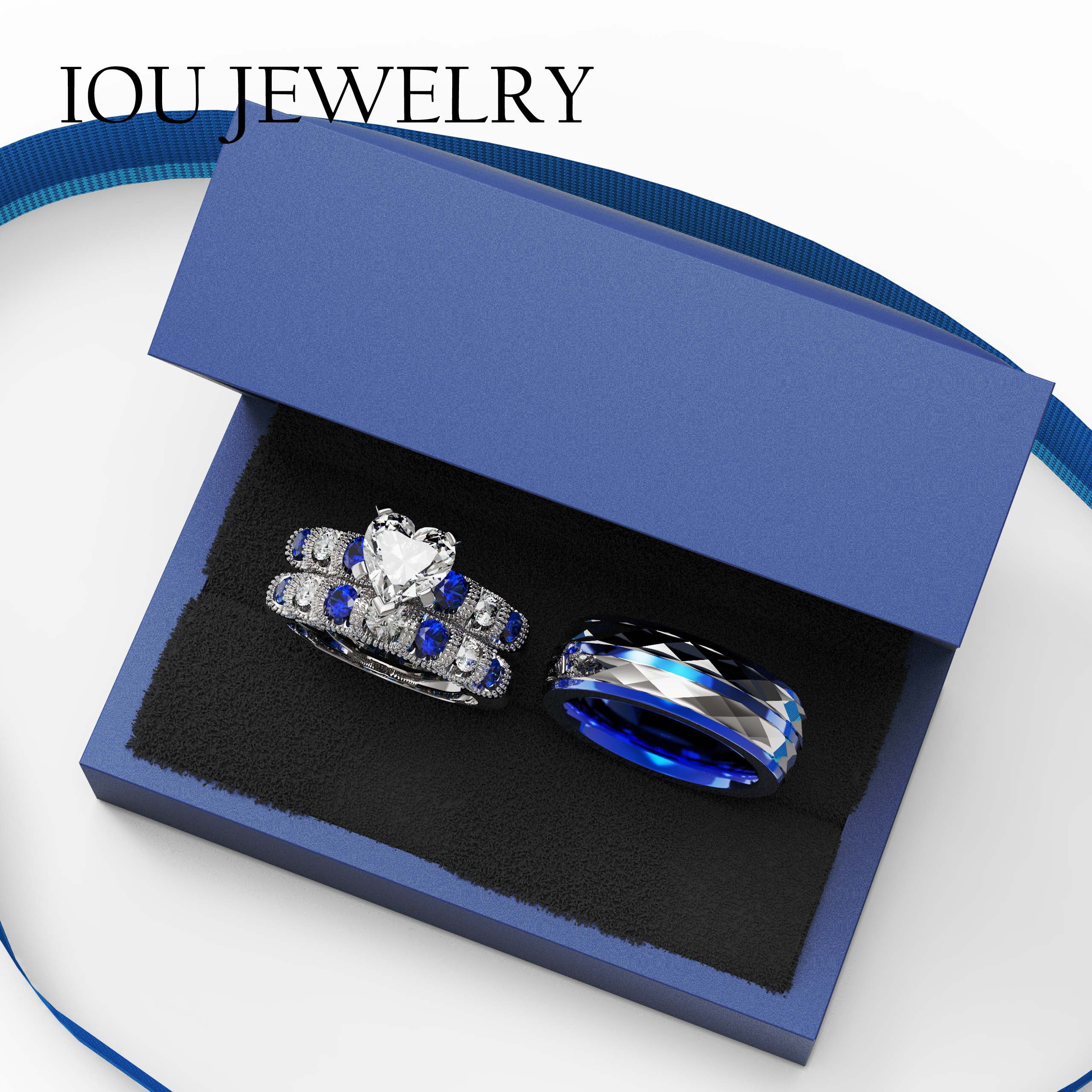 3pc Couples Wedding Ring Sets His And Hers Women Sterling Silver Blue Moissanite and men Wedding Bands Together With Ring Gift Jewelry Box