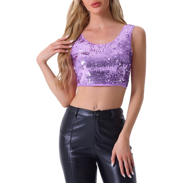 TOP CROP METÁLICO CON LENTEJUELAS INSPIRADOR CHIC PARA MUJERES, BRILLO Y GLITTER, SIN MANGAS, PARA FIESTAS Y CLUB, TAMAÑO L, MORADO CLARO