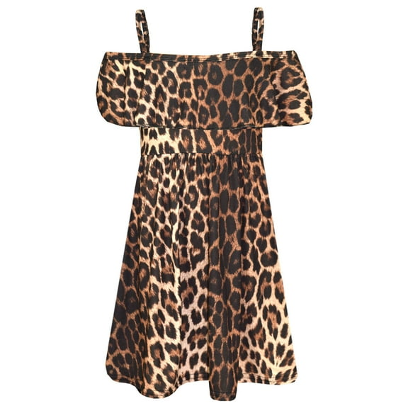 Girls Skater Dress Kids Leopard Print Summer Party Off Shoulder Dresses 7-13 Yr