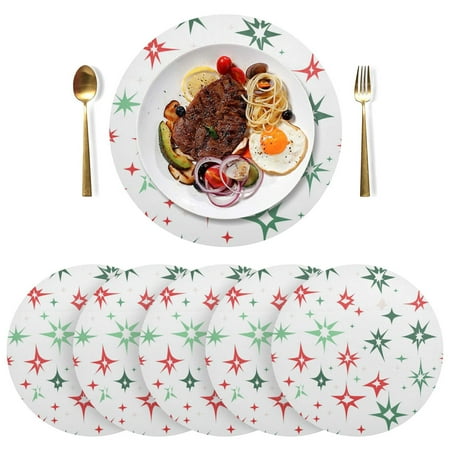 

Round Placemats Plate Mats 15 Inch Non-Slip Heat Resistant Washable PVC Set Table Decoration for Kitchen Dining Green and Red Stars