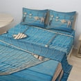 thumbnail image 2 of Ambesonne Marine Fitted & Top Sheet Set with Shams, Wooden Fish Shell on Net, Beige Sky Blue, 2 of 8