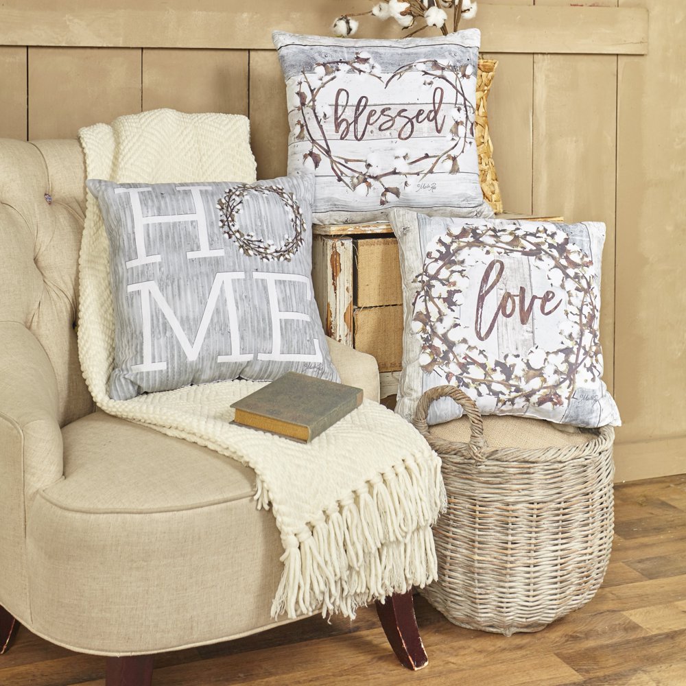 Cotton Boll Accent Pillows with Farmhouse Sentiments 3 Pcs. Walmart