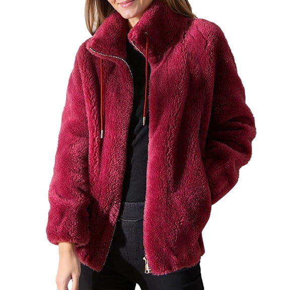 SGMVNU Women's Fashion Plush Coats Winter Warm Cardigan Coat Standing Collar Zip Up Fleece Tops Sweater Jacket with Pockets(Red#2, 3XL)