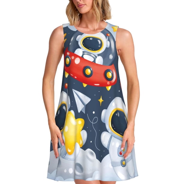 Easygdp Astronaut And Space para Vestido Transpirable de Mujer, Vestido Suelto de Manga Corta con Pliegues y Bolsillos para el Verano