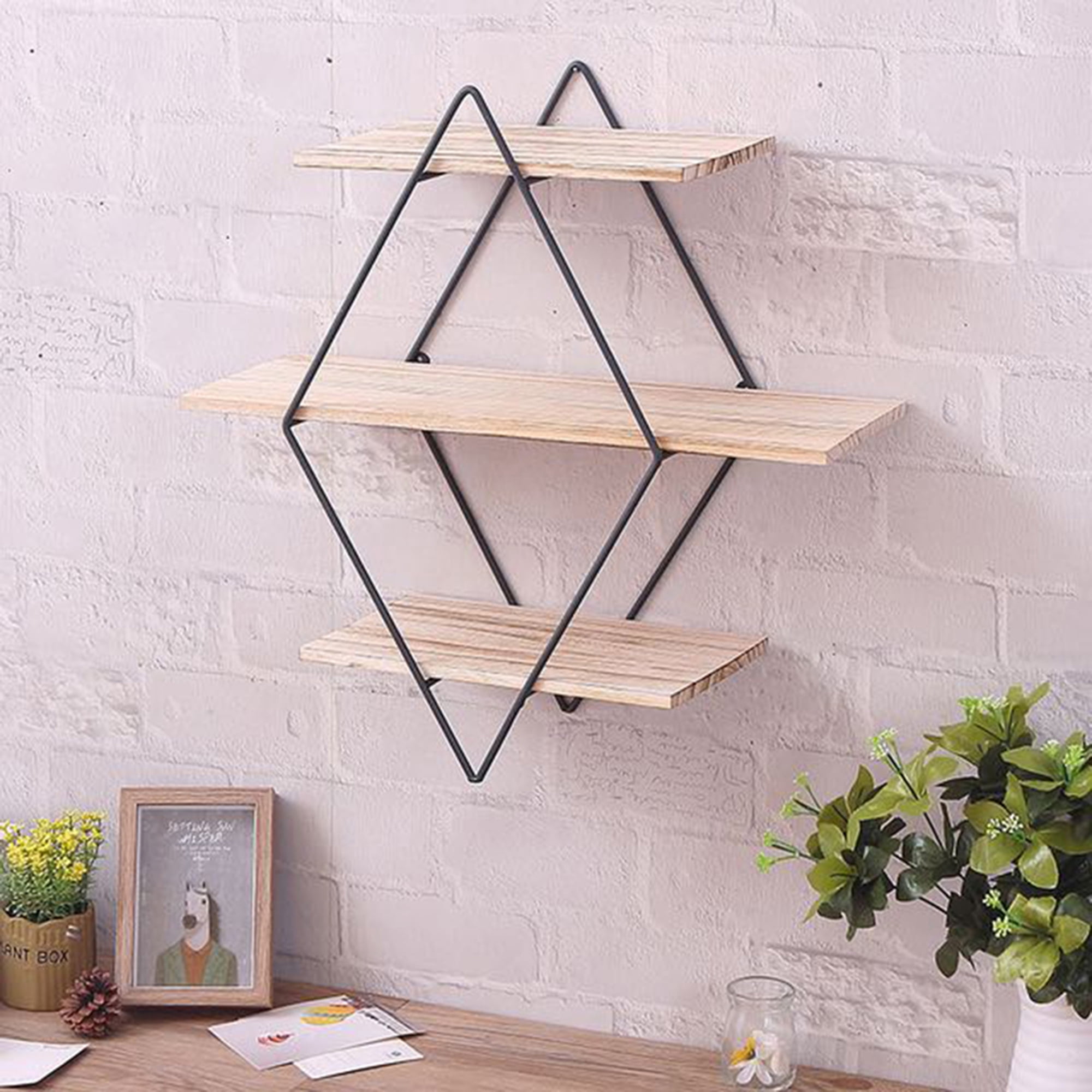 Wall Shelf Geometric Diamond Shaped 3 Tier Mounted Floating Rustic Wood