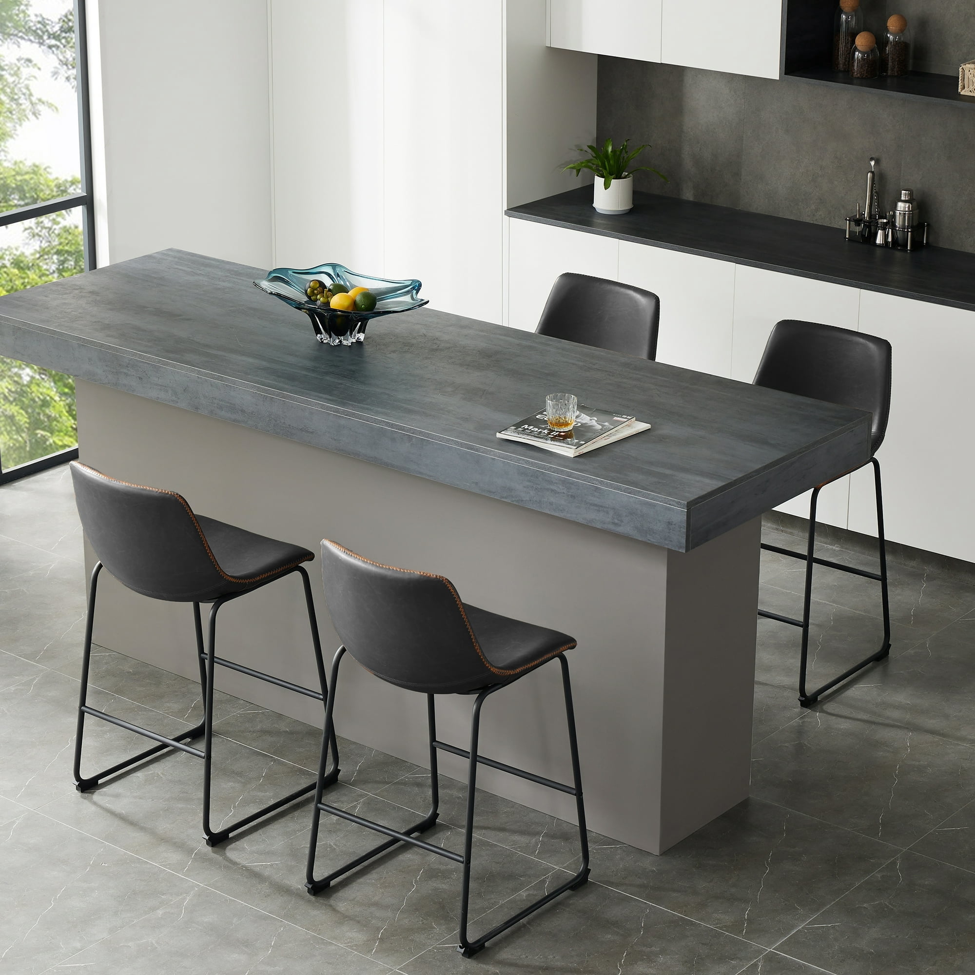 MCQ Counter Height Bar Stools Set of 2, Faux Leather 26 inch High Barstools with Back and Metal Leg, for Home Kitchen Office, Black