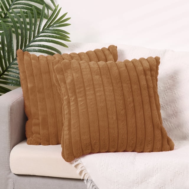Funda de almohada decorativa de peluche de imitación de 2 piezas REGALWOVEN, fundas de cojín a rayas para sofá color marrón claro 16" x 16"
