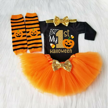 My 1st Halloween Baby Girl Pumpkin Outfits Romper Jumpsuit+Tulle Skirt Set 0-24M